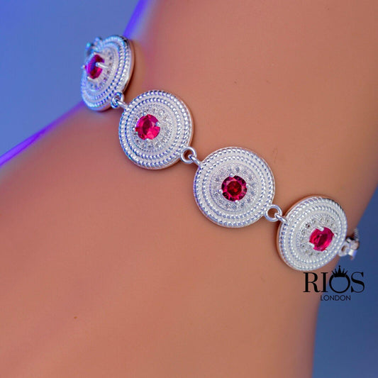 925 Sterling Silver Ladies Pink Round Bracelet Lab-Created Tourmaline Gift Boxed - Rios London