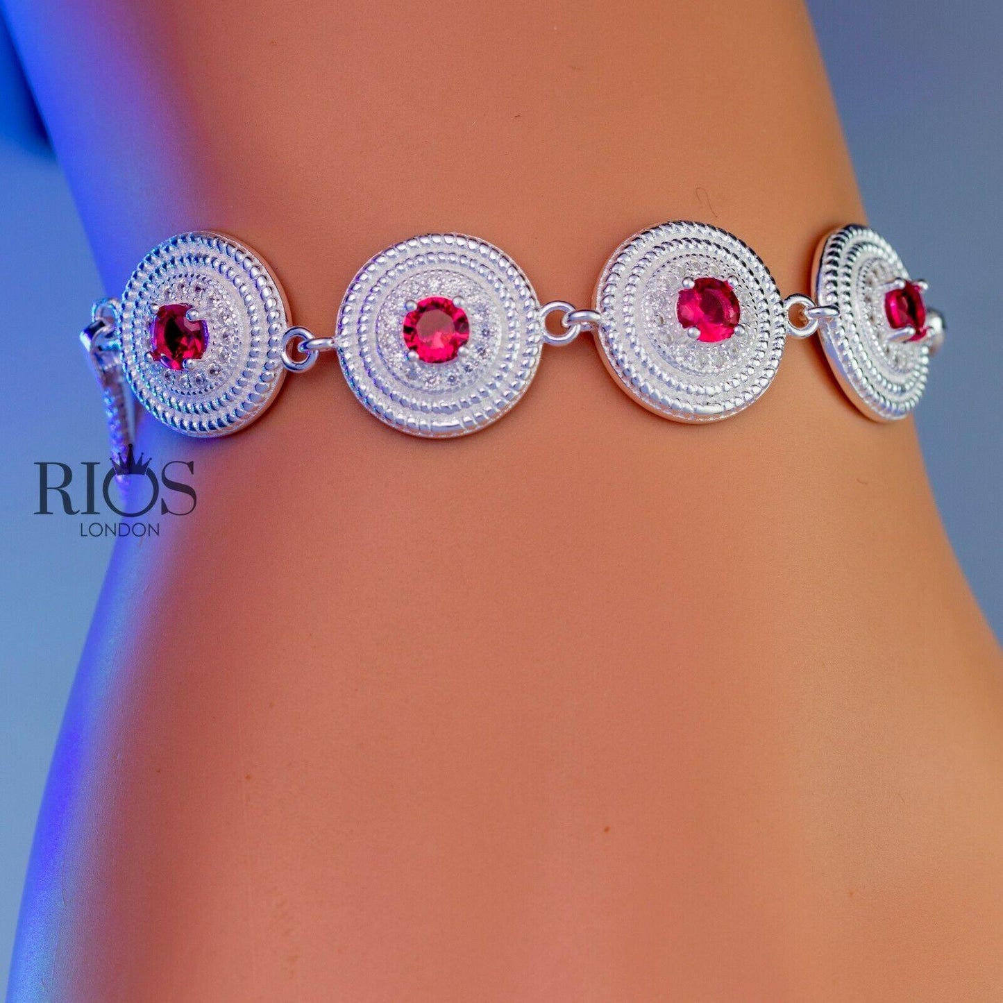 925 Sterling Silver Ladies Pink Round Bracelet Lab-Created Tourmaline Gift Boxed - Rios London