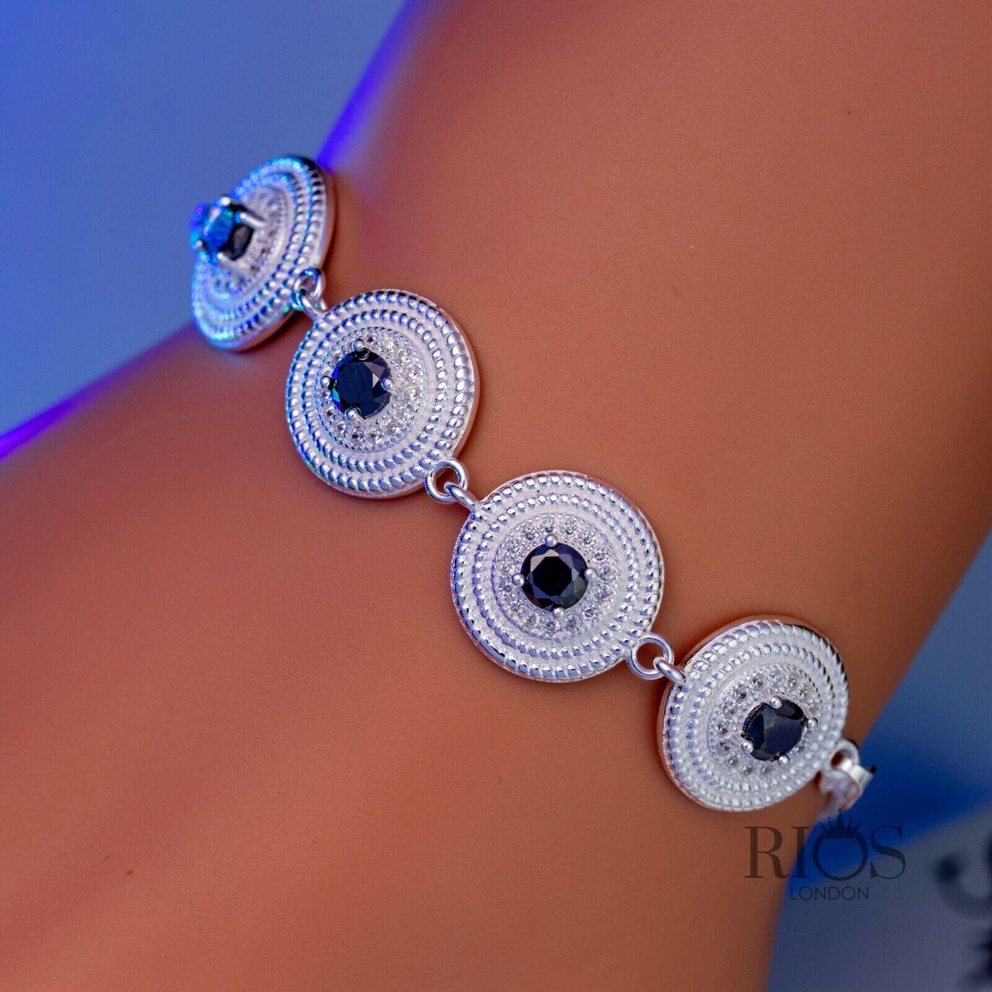 925 Sterling Silver Ladies Round Bracelet Lab-Created Black ONYX Gift Boxed - Rios London