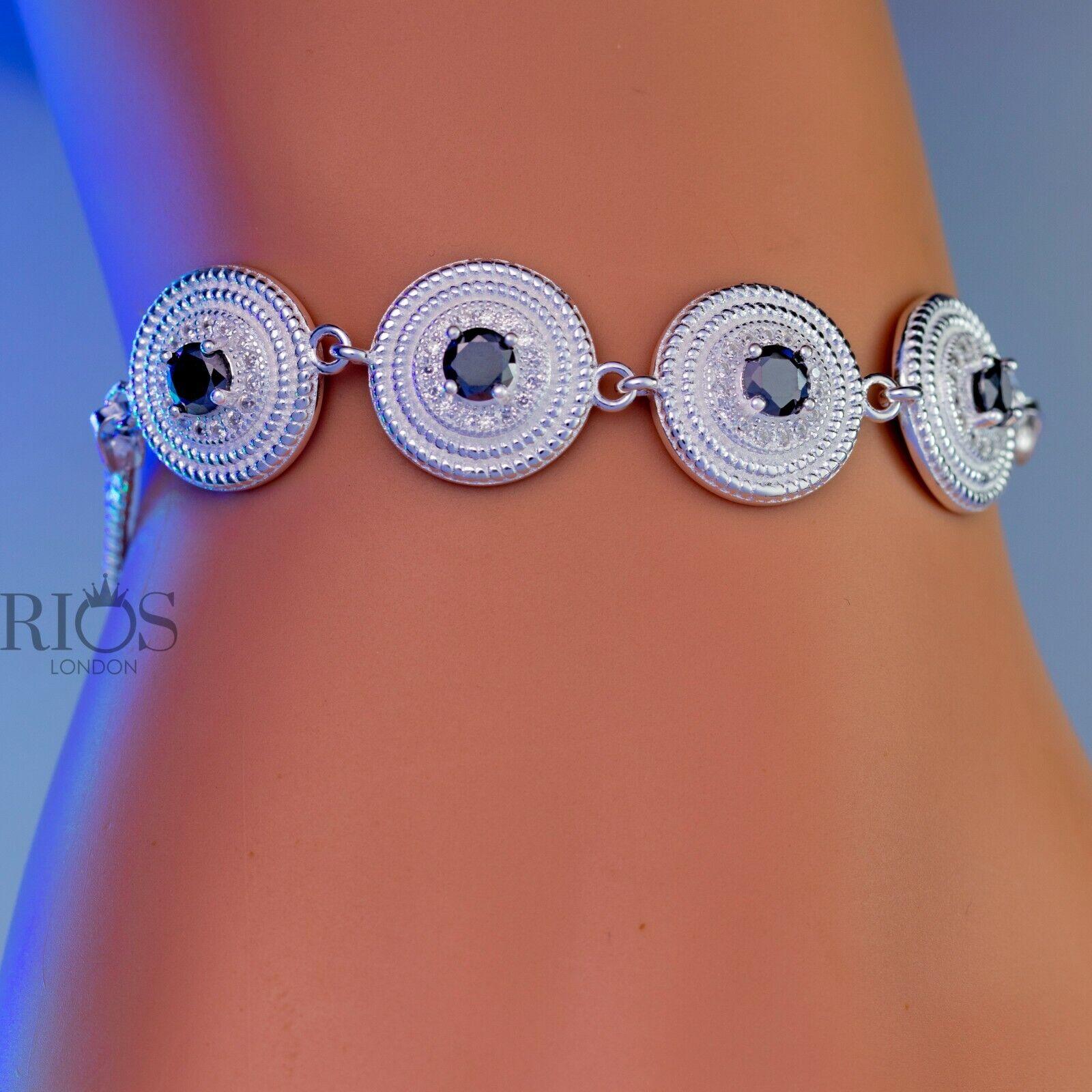 925 Sterling Silver Ladies Round Bracelet Lab-Created Black ONYX Gift Boxed - Rios London