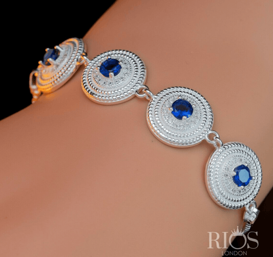 925 Sterling Silver Ladies Round Bracelet Lab-Created Sapphire Blue Gift Boxed - Rios London