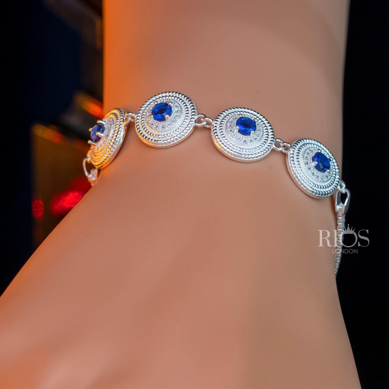 925 Sterling Silver Ladies Round Bracelet Lab-Created Sapphire Blue Gift Boxed - Rios London