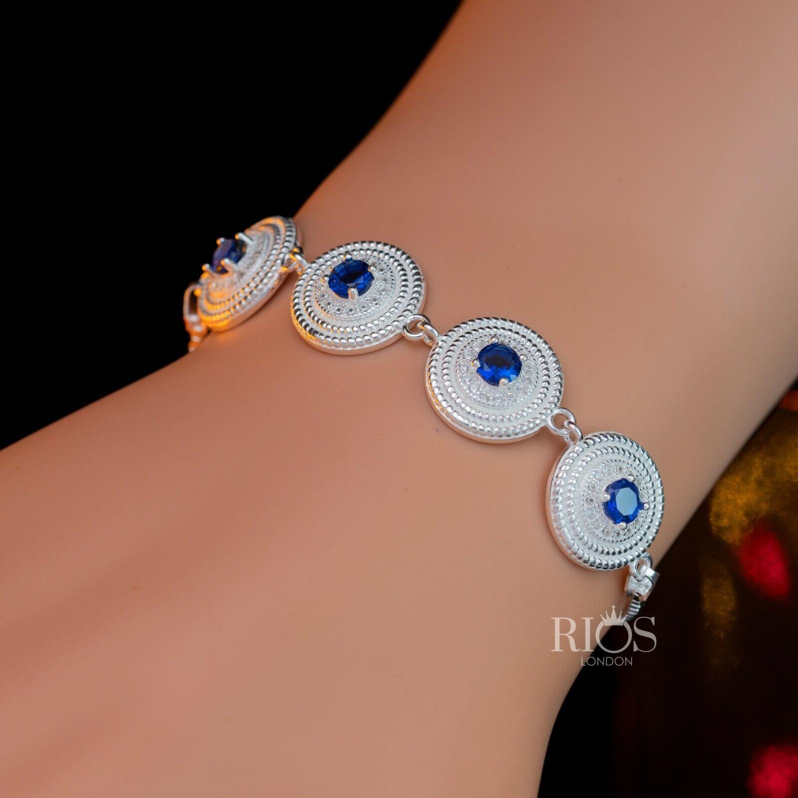 925 Sterling Silver Ladies Round Bracelet Lab-Created Sapphire Blue Gift Boxed - Rios London