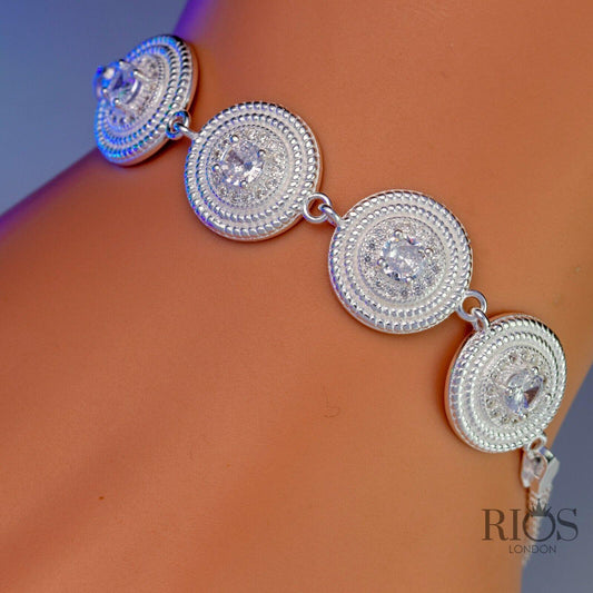 925 Sterling Silver Ladies Round Bracelet Lab-Created White ZIRCON Gift Boxed - Rios London