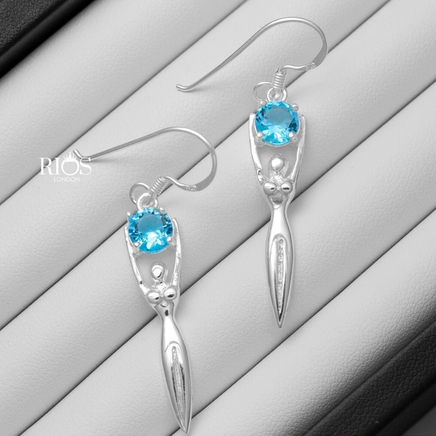 925 Sterling Silver Lady Sculpture Blue Topaz Lab Created Earrings Gift Boxed - Rios London
