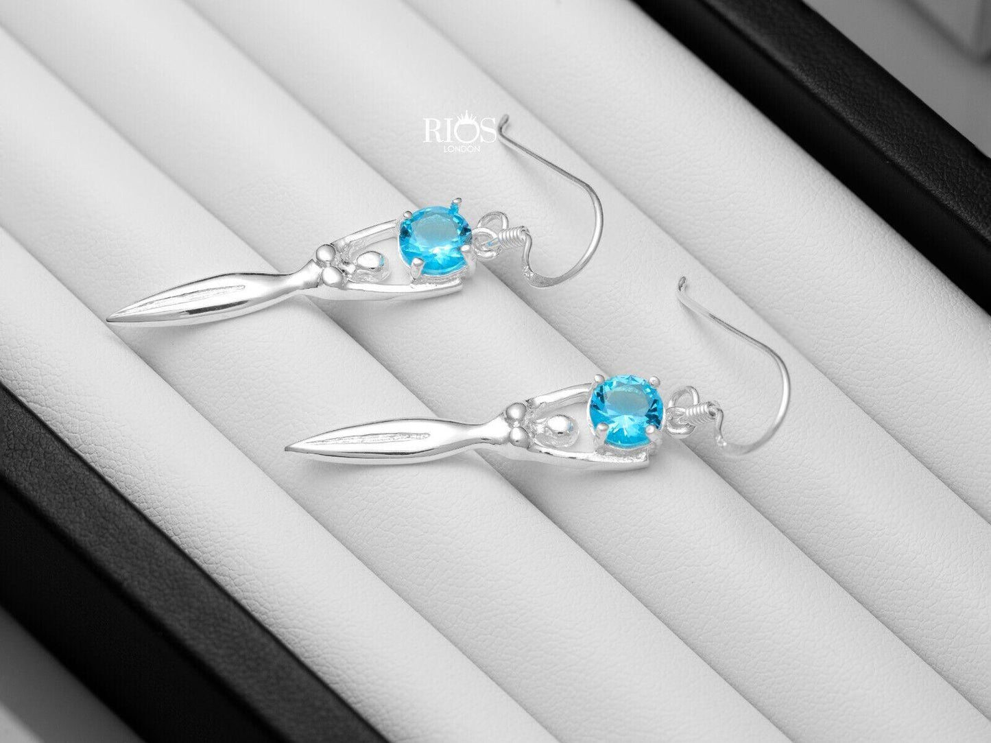 925 Sterling Silver Lady Sculpture Blue Topaz Lab Created Earrings Gift Boxed - Rios London