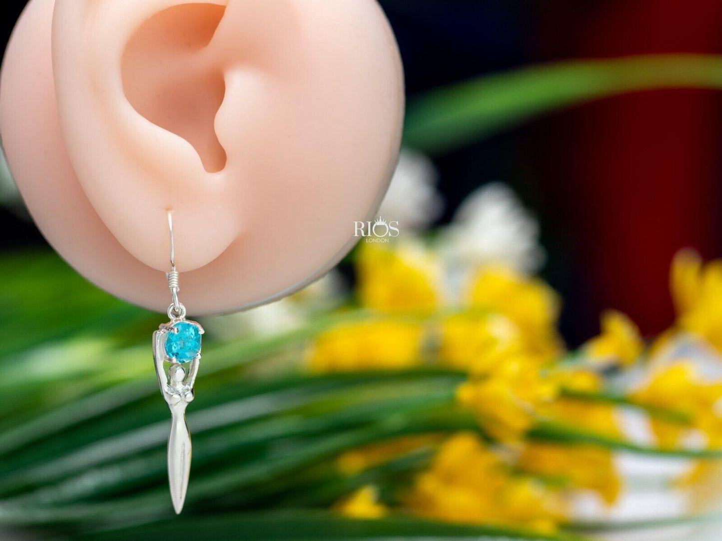 925 Sterling Silver Lady Sculpture Blue Topaz Lab Created Earrings Gift Boxed - Rios London