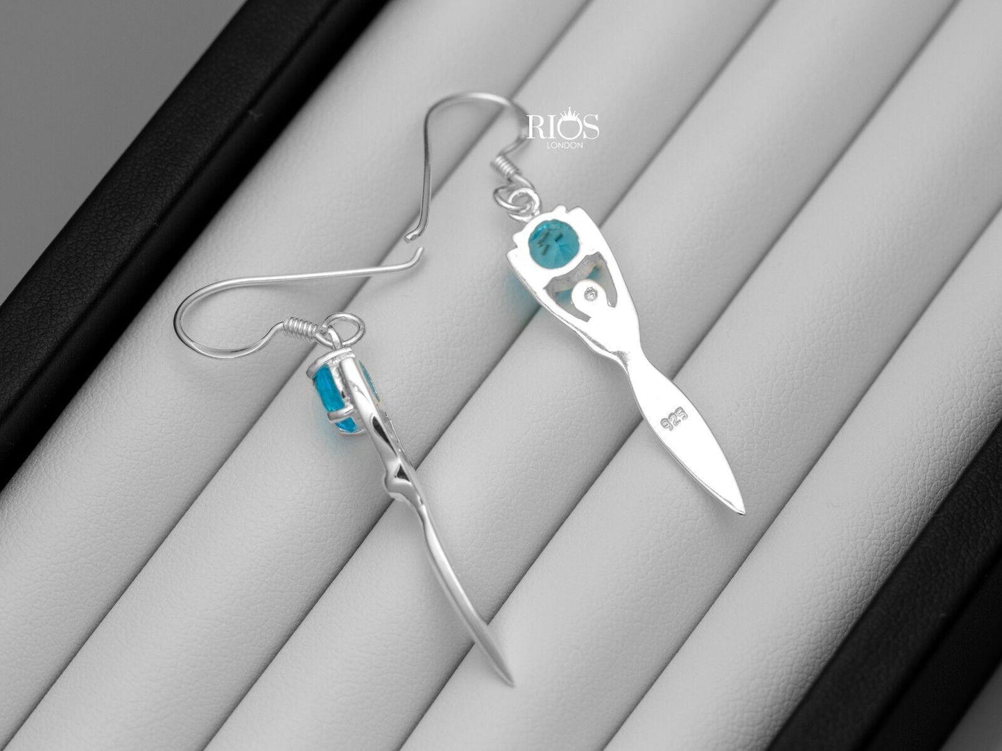 925 Sterling Silver Lady Sculpture Blue Topaz Lab Created Earrings Gift Boxed - Rios London