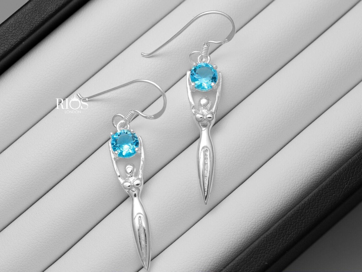 925 Sterling Silver Lady Sculpture Blue Topaz Lab Created Earrings Gift Boxed - Rios London