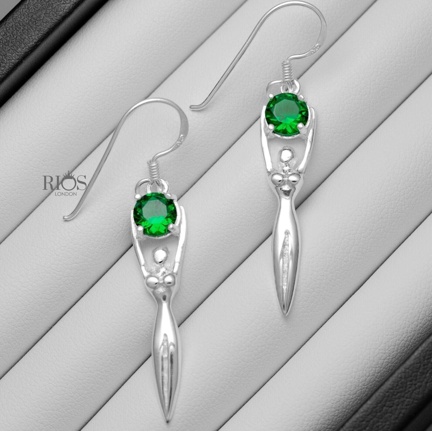 925 Sterling Silver Lady Sculpture Dangle Lab Created Emerald Earrings Boxed - Rios London