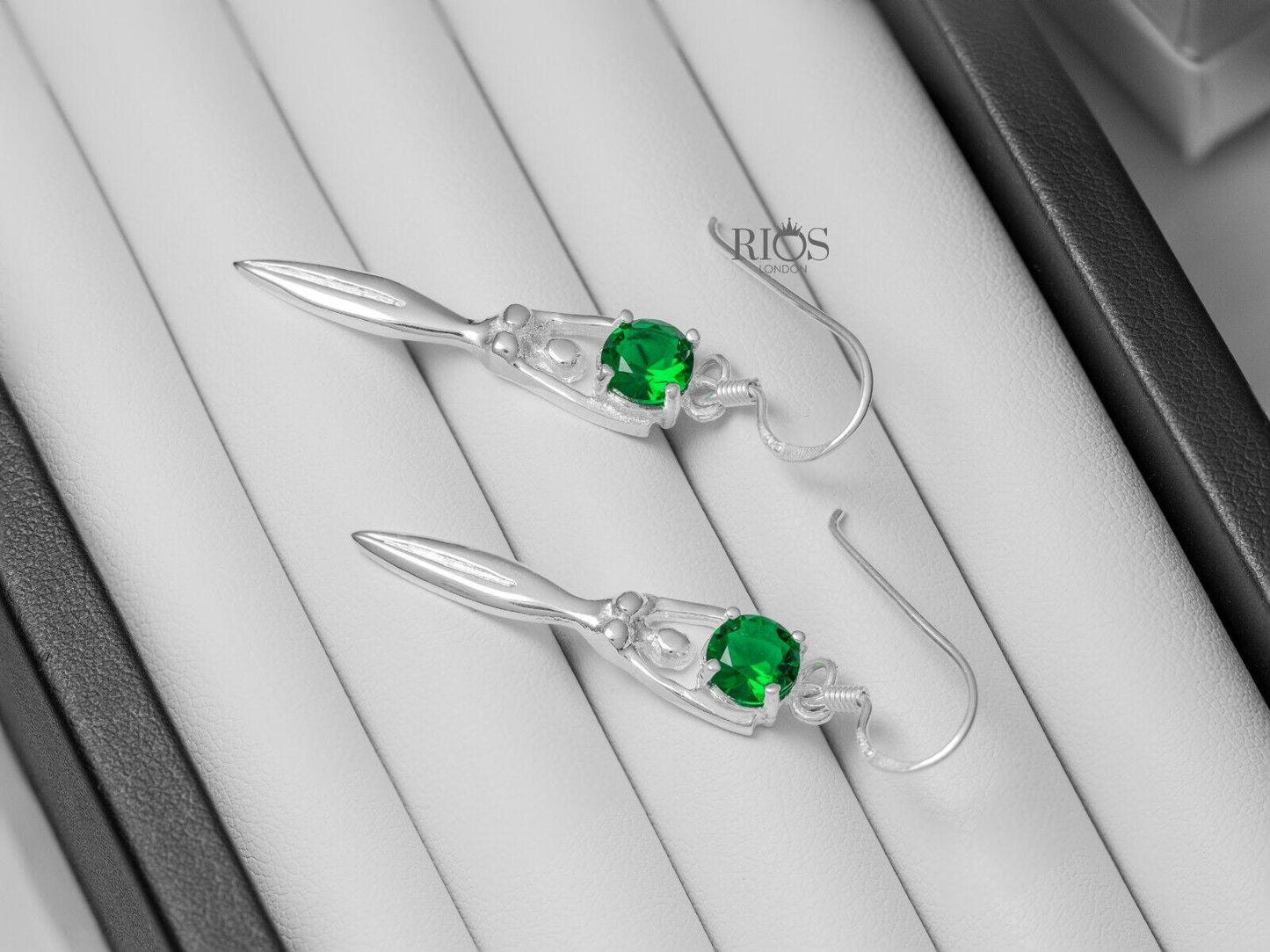 925 Sterling Silver Lady Sculpture Dangle Lab Created Emerald Earrings Boxed - Rios London