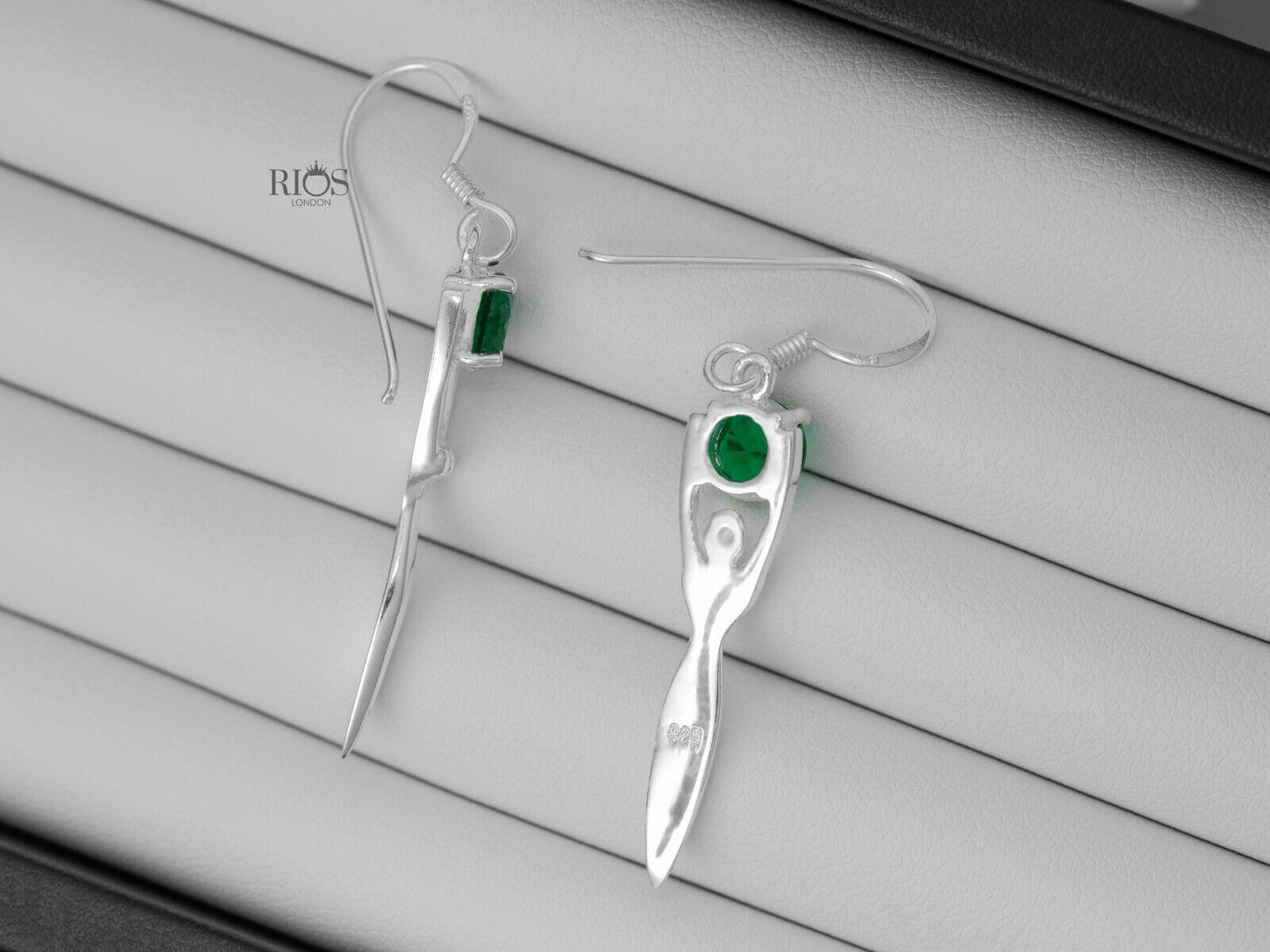 925 Sterling Silver Lady Sculpture Dangle Lab Created Emerald Earrings Boxed - Rios London
