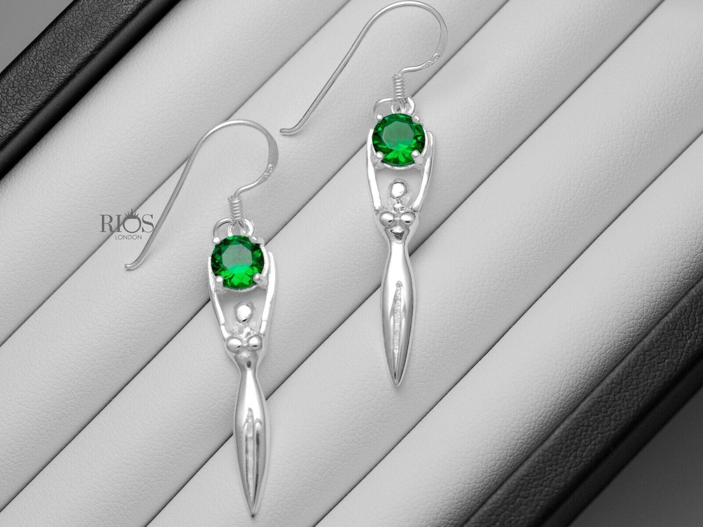 925 Sterling Silver Lady Sculpture Dangle Lab Created Emerald Earrings Boxed - Rios London