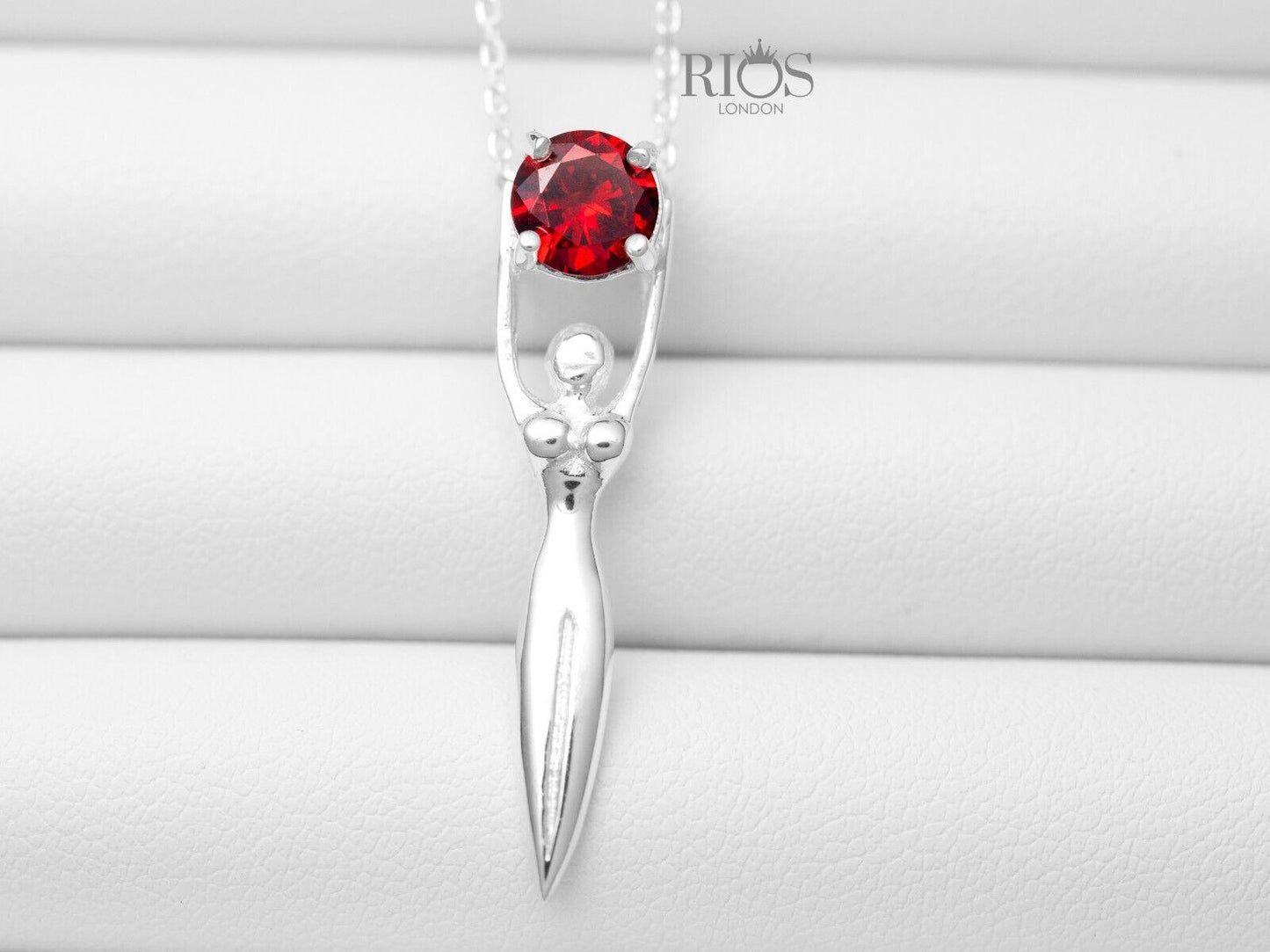 925 Sterling Silver Lady Sculpture Garnet Lab Created Gemstone Necklace Boxed - Rios London