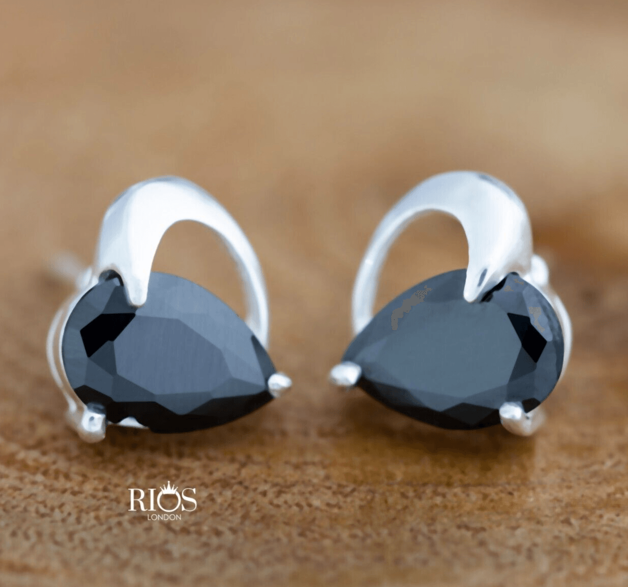 925 Sterling Silver Love Heart Black Lab-Created Onyx Earrings Studs Gift Boxed - Rios London