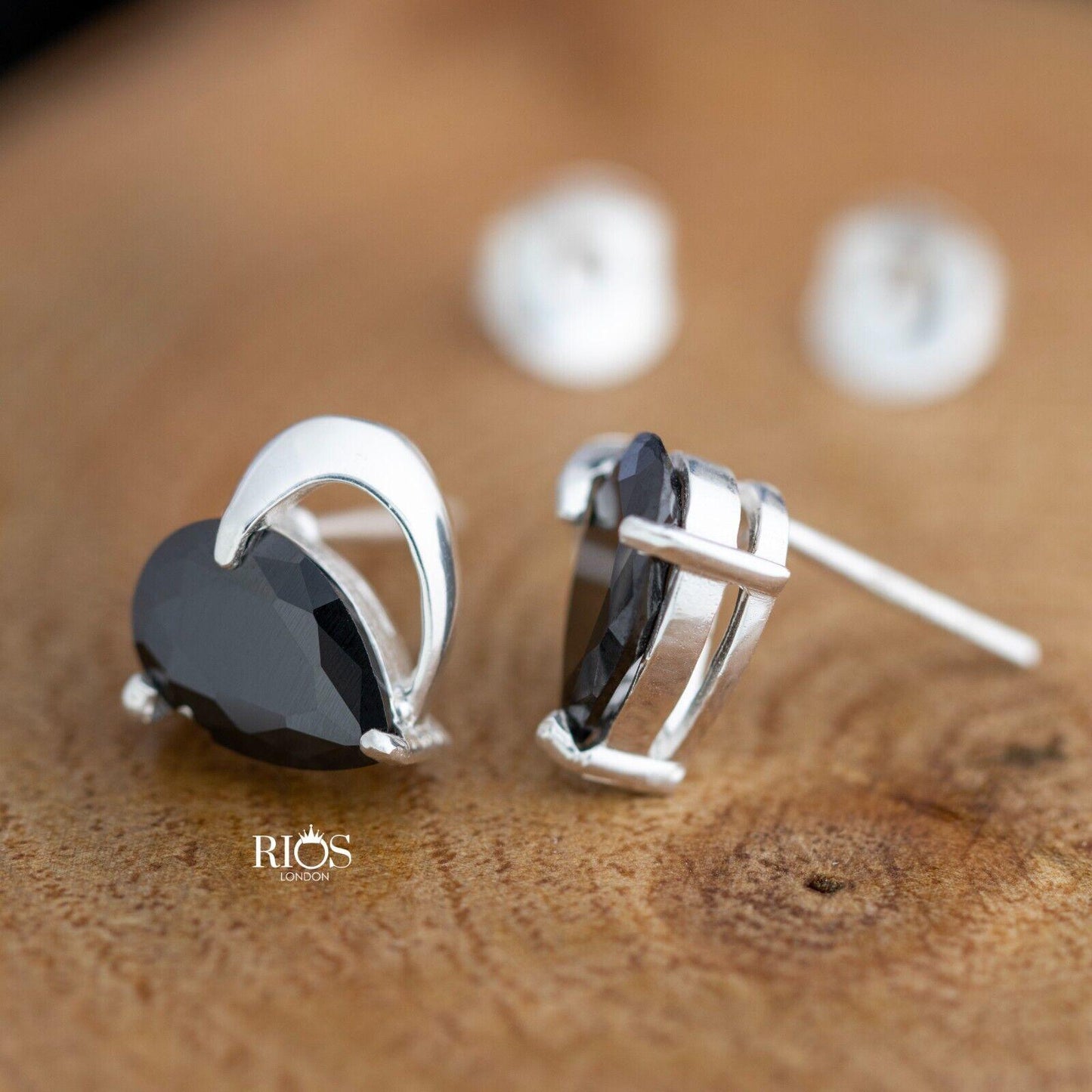 925 Sterling Silver Love Heart Black Lab-Created Onyx Earrings Studs Gift Boxed - Rios London