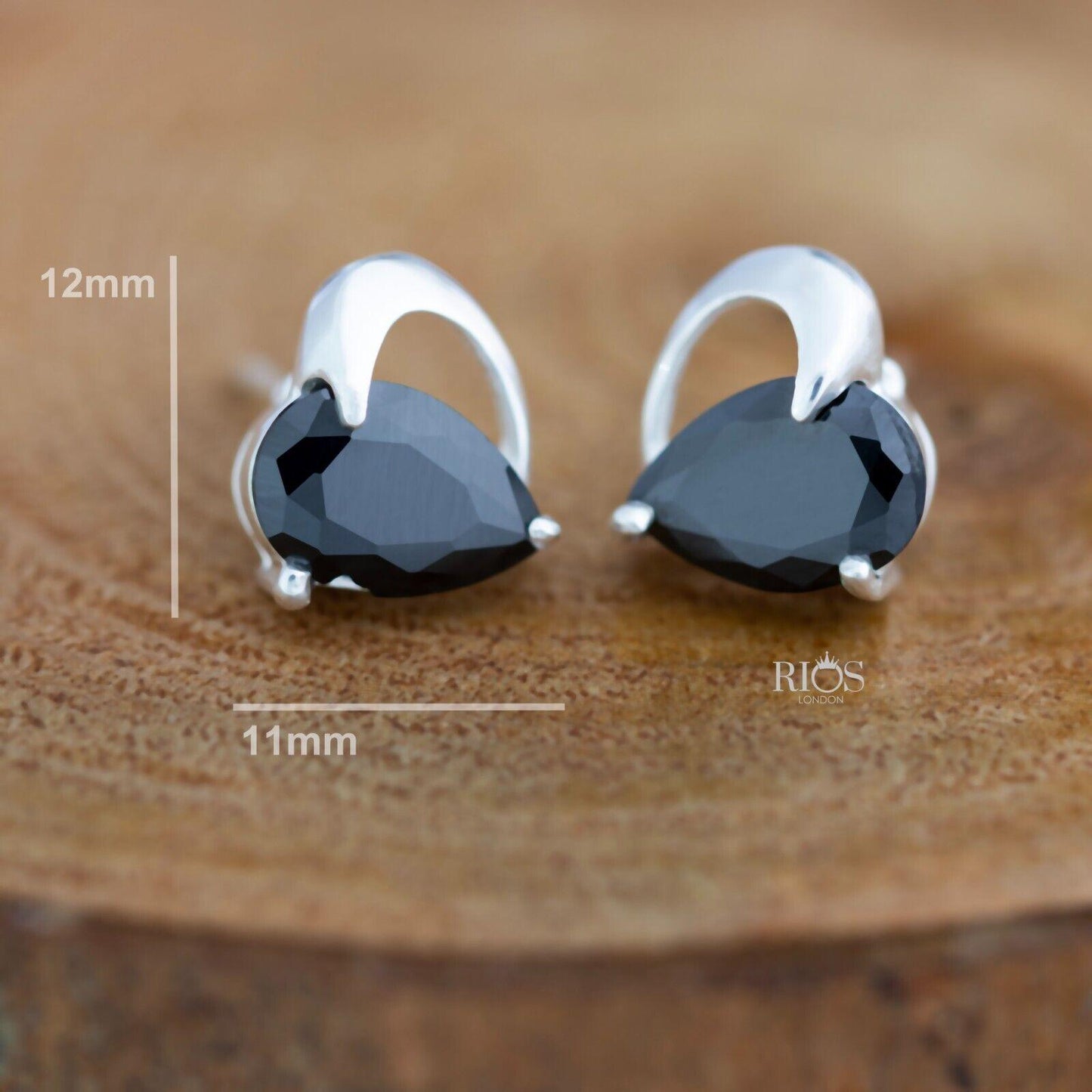 925 Sterling Silver Love Heart Black Lab-Created Onyx Earrings Studs Gift Boxed - Rios London