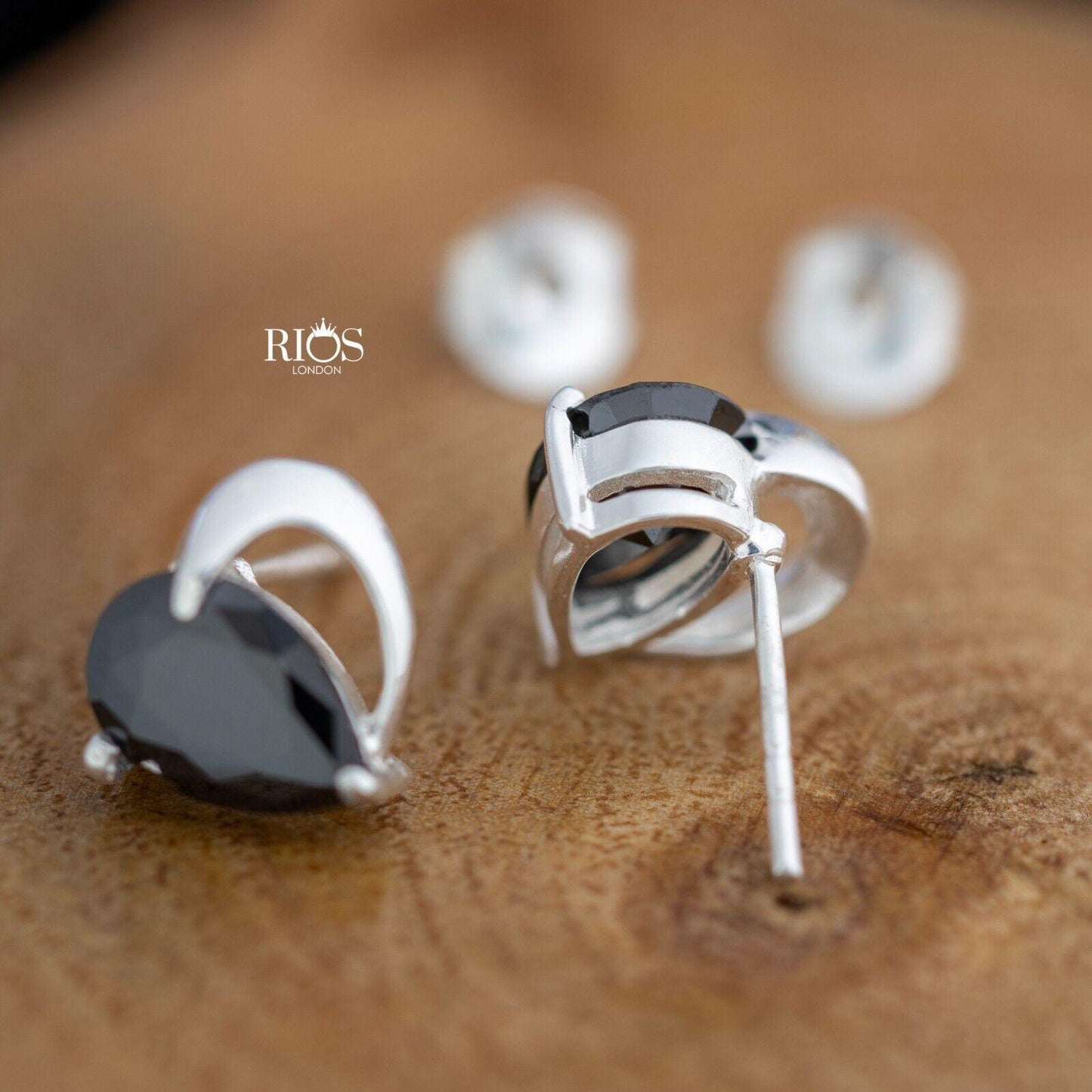 925 Sterling Silver Love Heart Black Lab-Created Onyx Earrings Studs Gift Boxed - Rios London