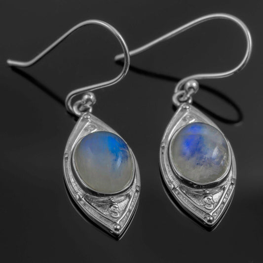 925 Sterling Silver MOONSTONE ONYX Dangle Earrings Hook Ear drop Studs Boxed - Rios London