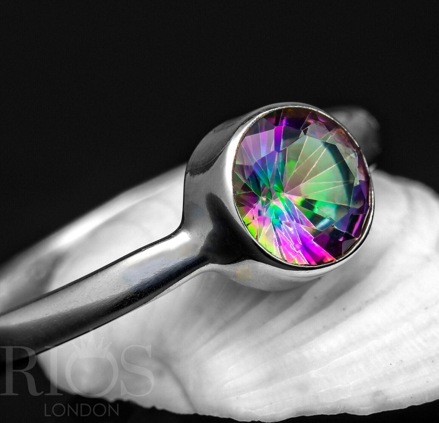 925 Sterling Silver Mystic Fire Topaz Facet Cut Gemstone Ring Boxed - Rios London