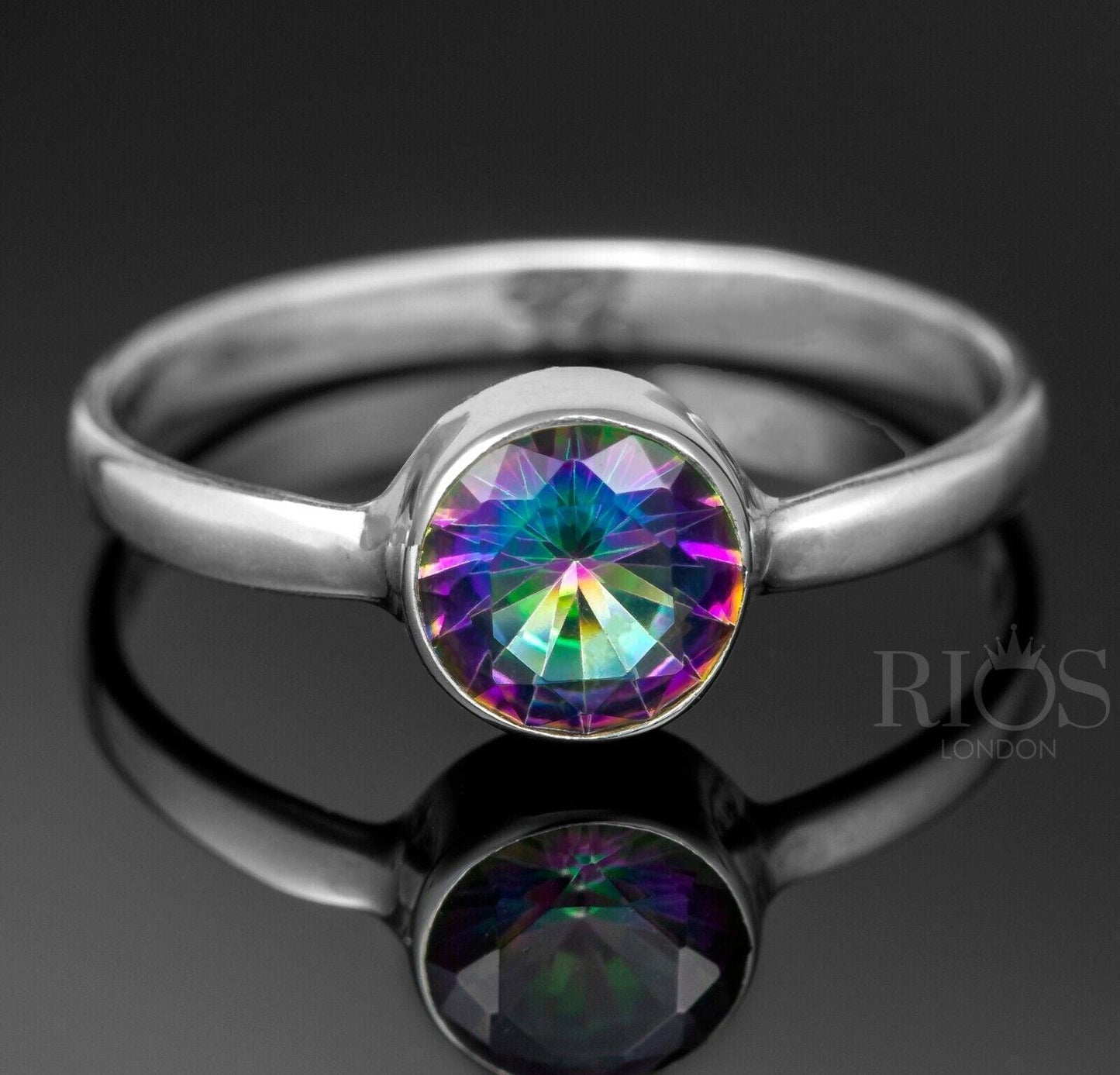 925 Sterling Silver Mystic Fire Topaz Facet Cut Gemstone Ring Boxed - Rios London