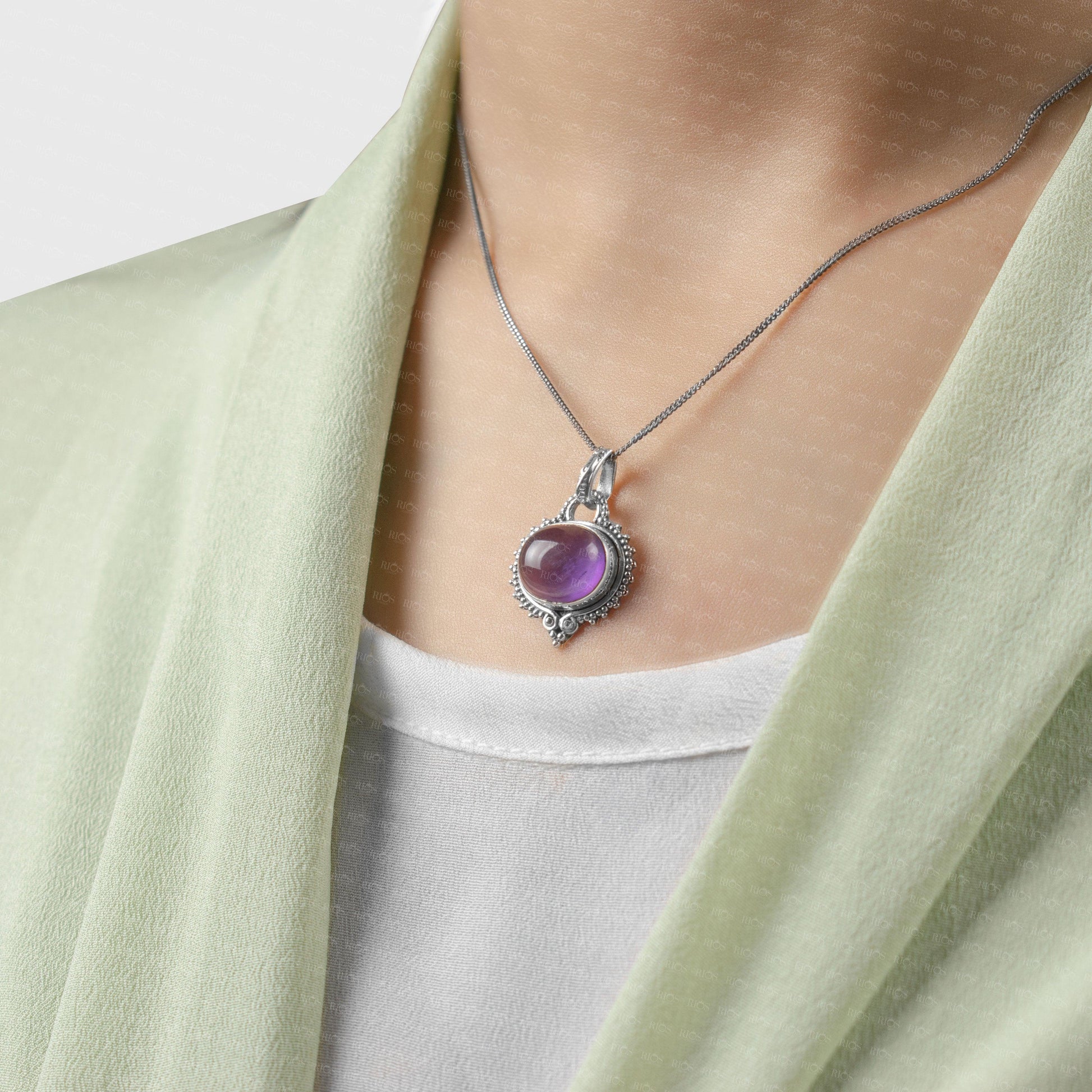 925 Sterling Silver Natural Amethyst Gemstone Necklace pendant Gift Boxed - Rios London