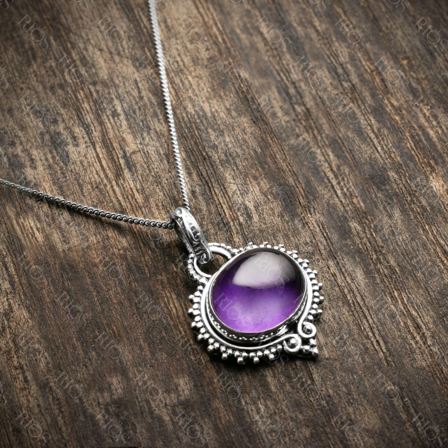 925 Sterling Silver Natural Amethyst Gemstone Necklace pendant Gift Boxed - Rios London