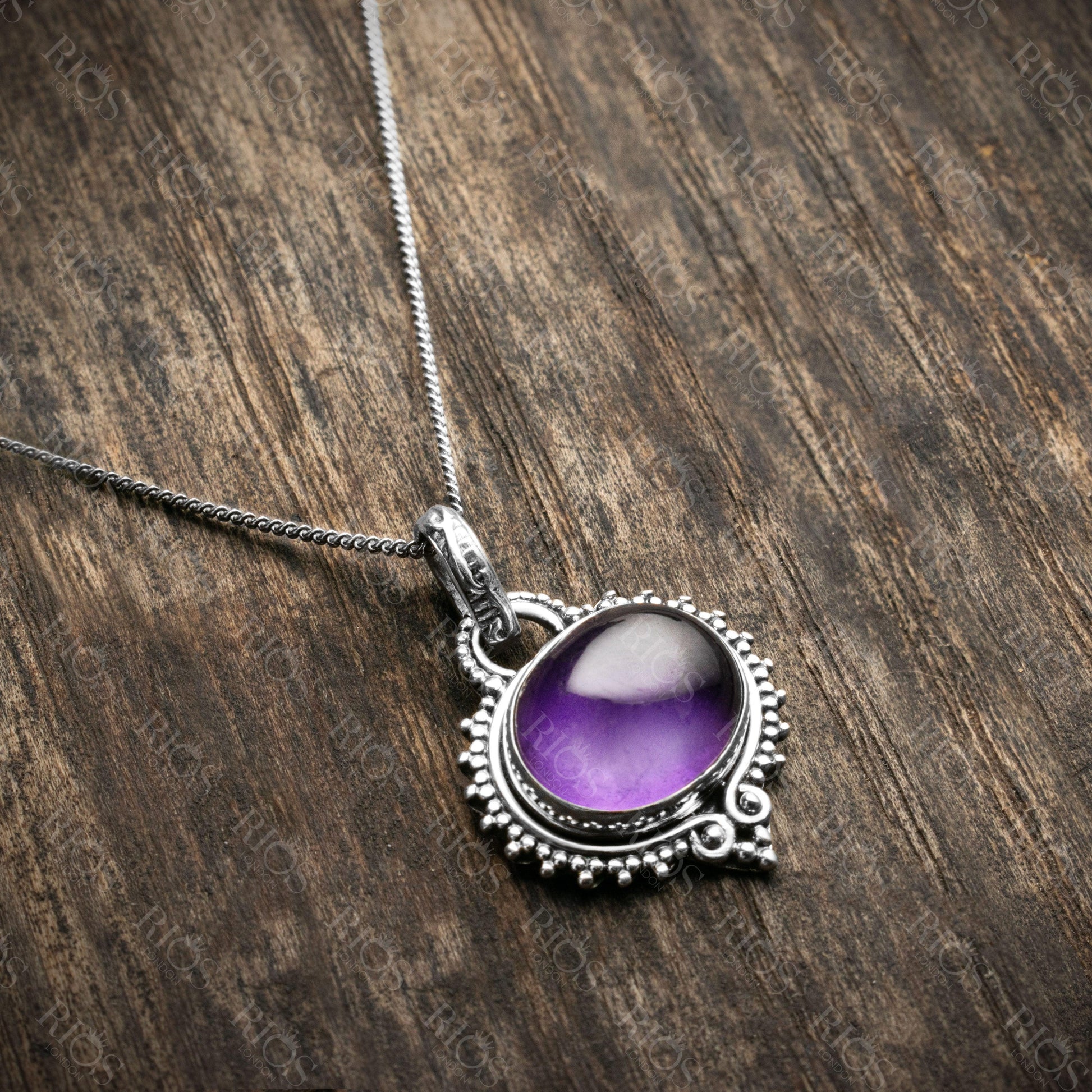 925 Sterling Silver Natural Amethyst Gemstone Necklace pendant Gift Boxed - Rios London