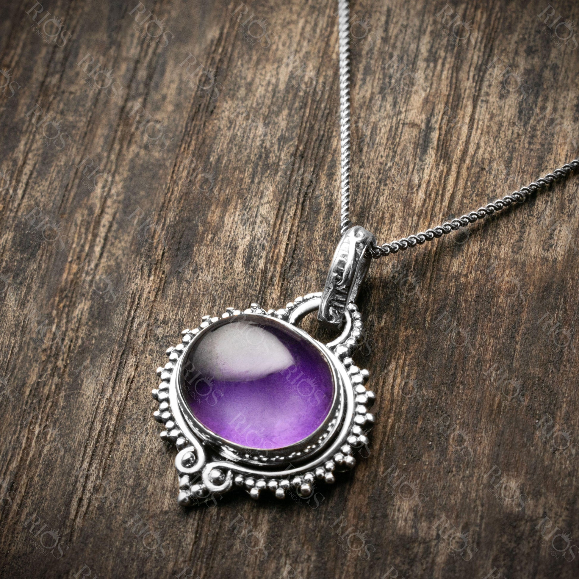 925 Sterling Silver Natural Amethyst Gemstone Necklace pendant Gift Boxed - Rios London