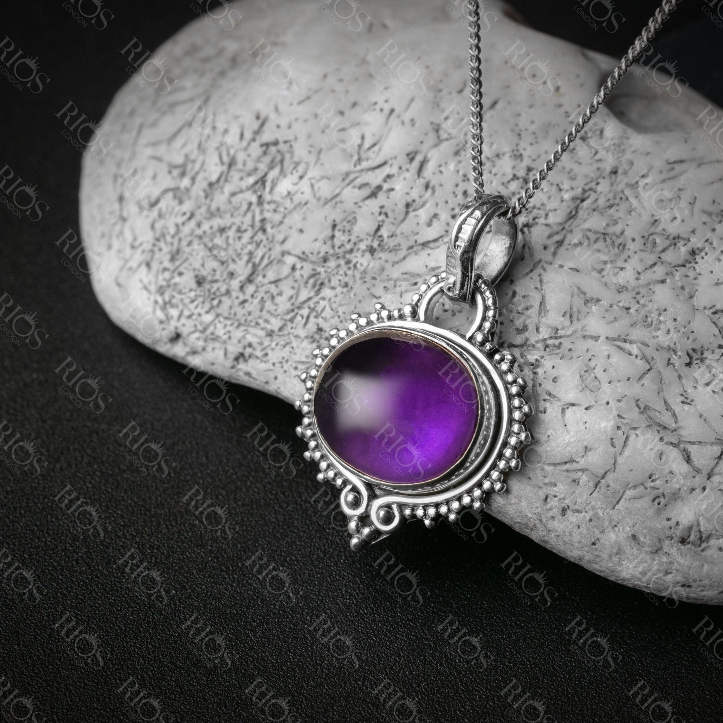 925 Sterling Silver Natural Amethyst Gemstone Necklace pendant Gift Boxed - Rios London