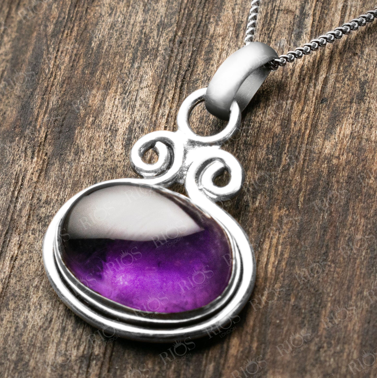 925 Sterling Silver Natural Amethyst Oval Pendant Women Chain Necklace Boxed - Rios London