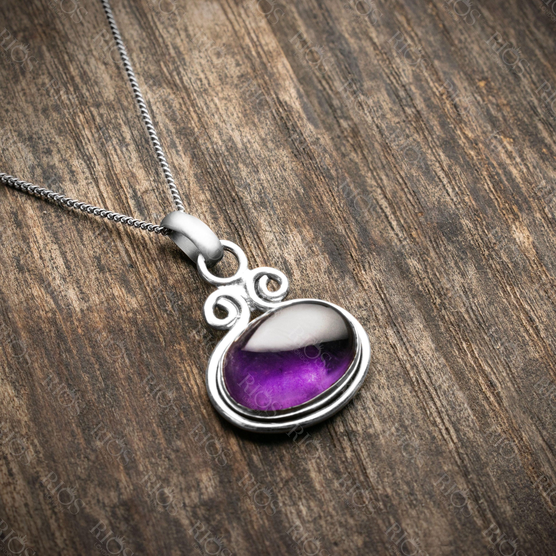 925 Sterling Silver Natural Amethyst Oval Pendant Women Chain Necklace Boxed - Rios London