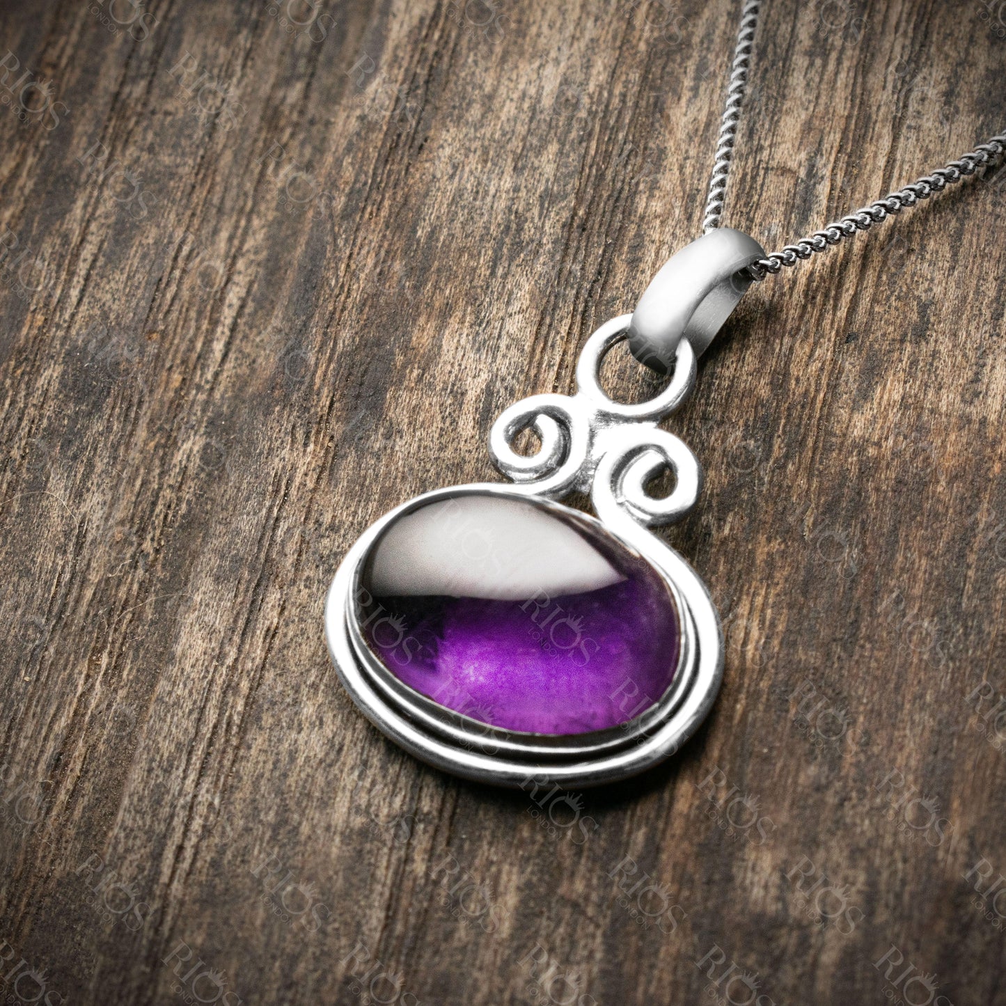925 Sterling Silver Natural Amethyst Oval Pendant Women Chain Necklace Boxed - Rios London