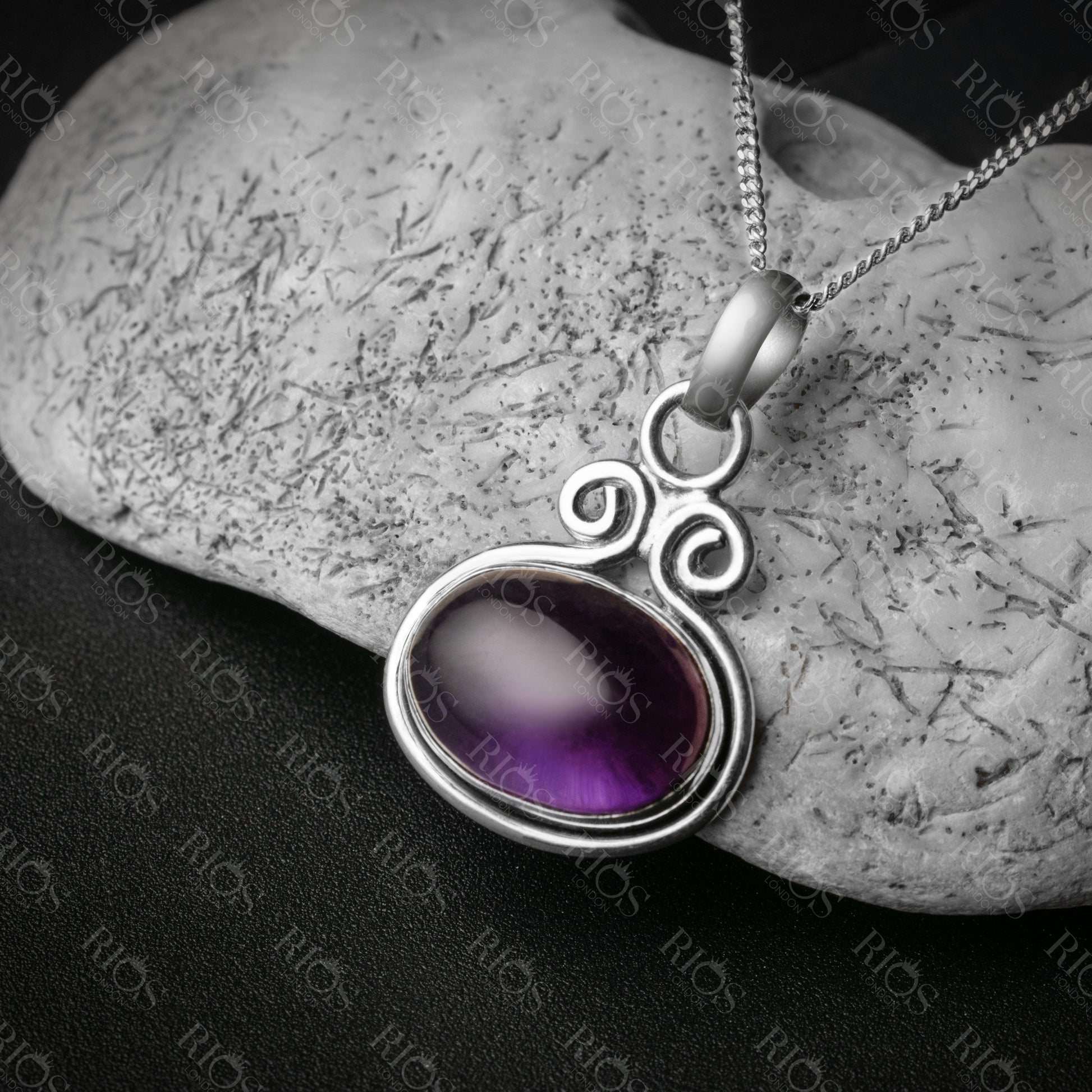 925 Sterling Silver Natural Amethyst Oval Pendant Women Chain Necklace Boxed - Rios London