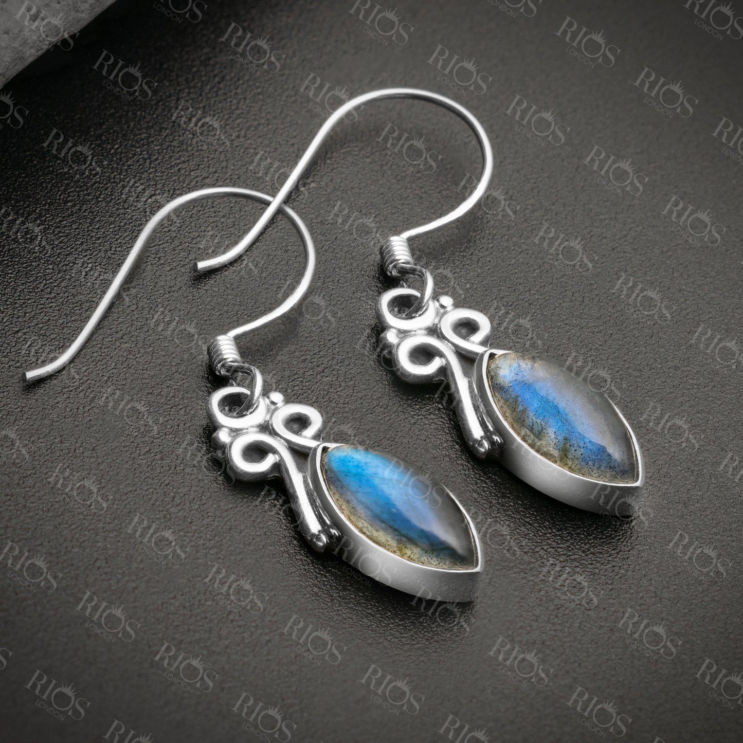 925 Sterling Silver Natural Labradorite Marquise Dangle Drop Earrings Gift Boxed - Rios London