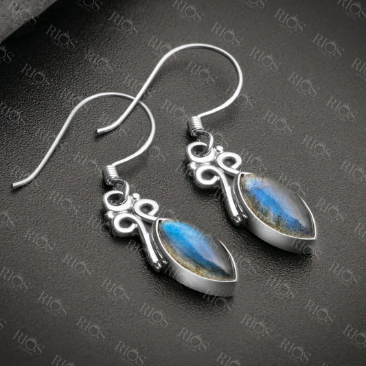 925 Sterling Silver Natural Labradorite Marquise Dangle Drop Earrings Gift Boxed - Rios London