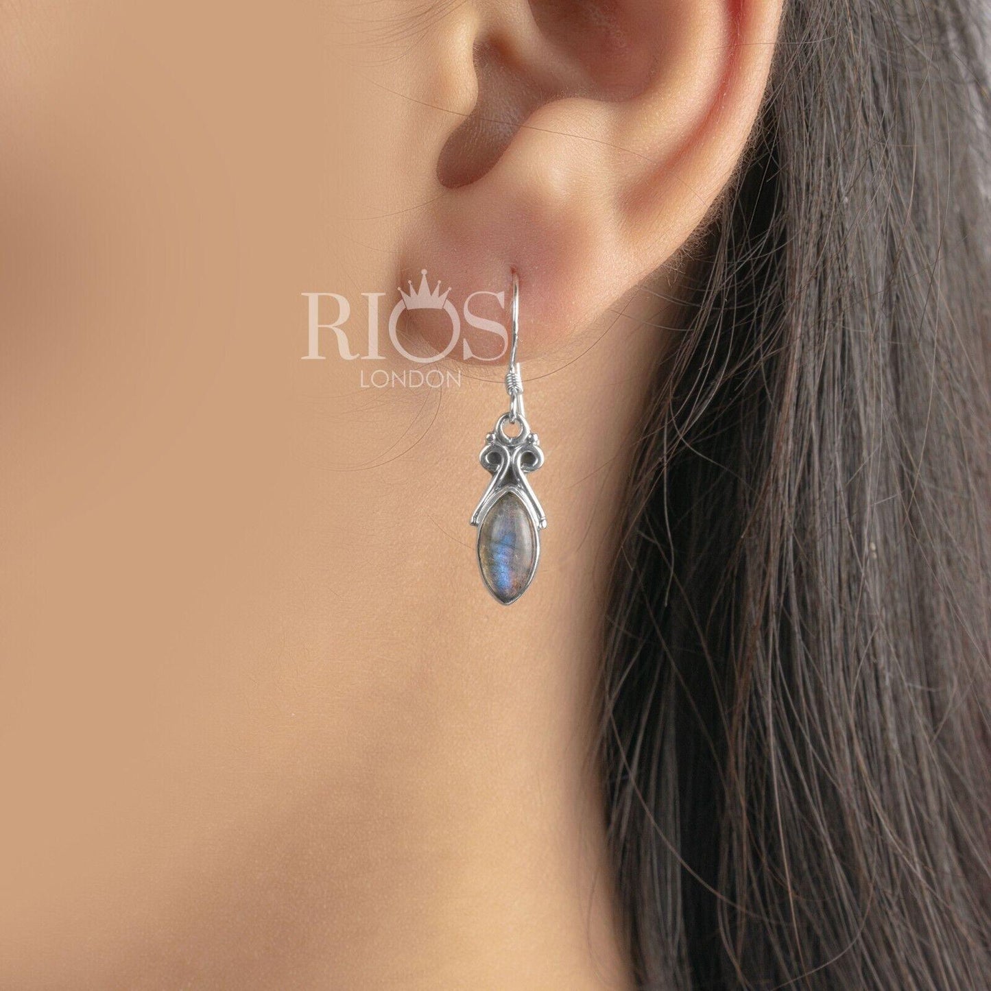 925 Sterling Silver Natural Labradorite Marquise Dangle Drop Earrings Gift Boxed - Rios London