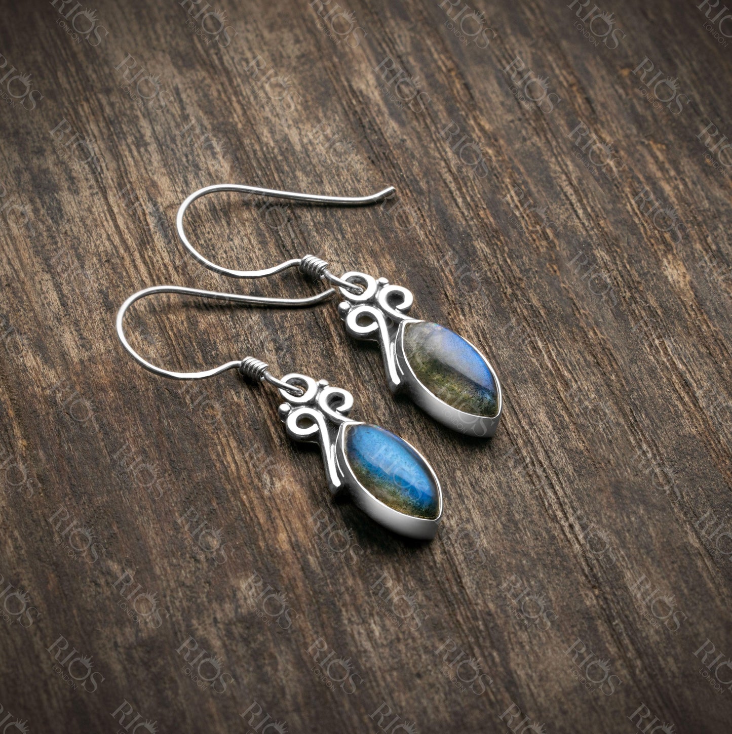 925 Sterling Silver Natural Labradorite Marquise Dangle Drop Earrings Gift Boxed - Rios London