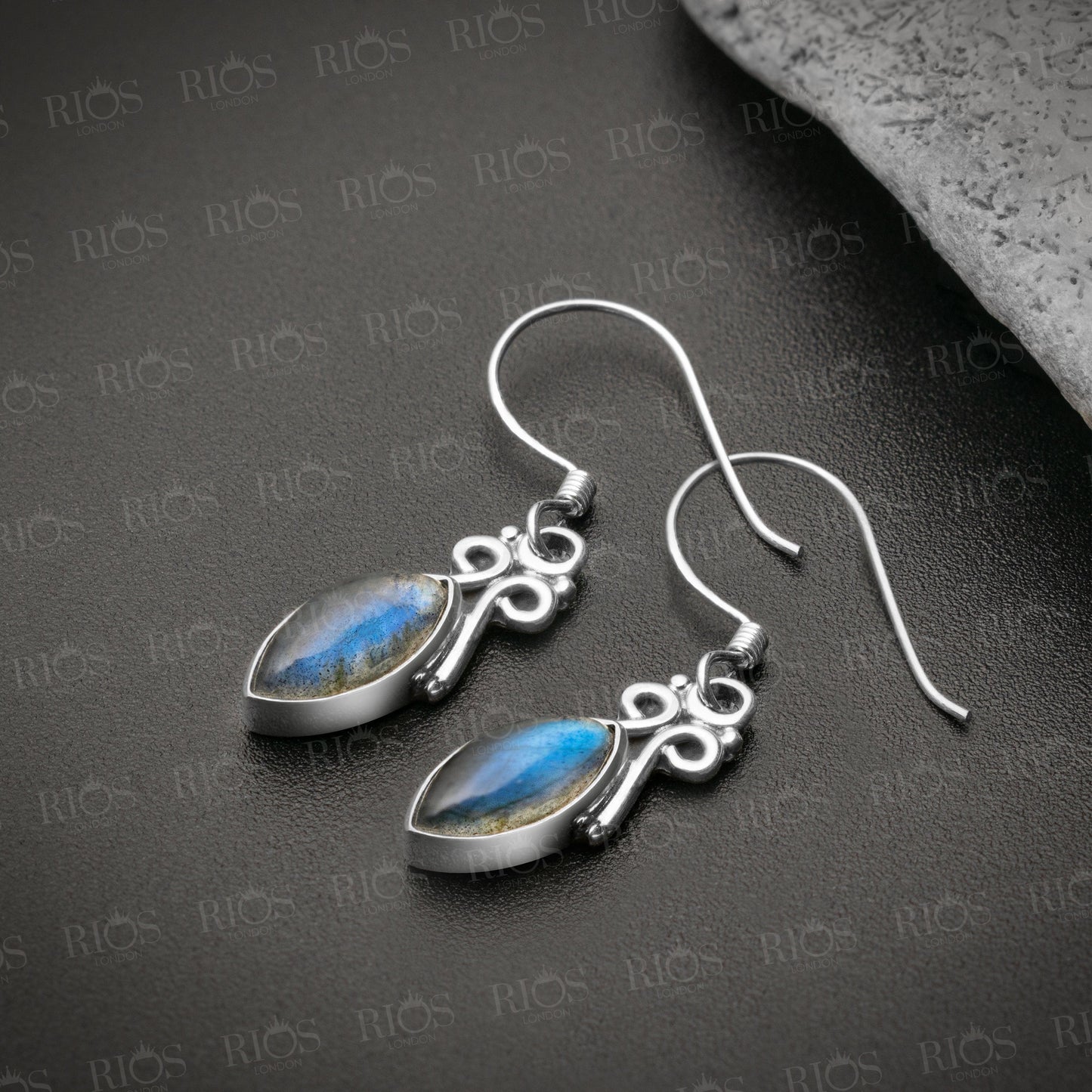 925 Sterling Silver Natural Labradorite Marquise Dangle Drop Earrings Gift Boxed - Rios London