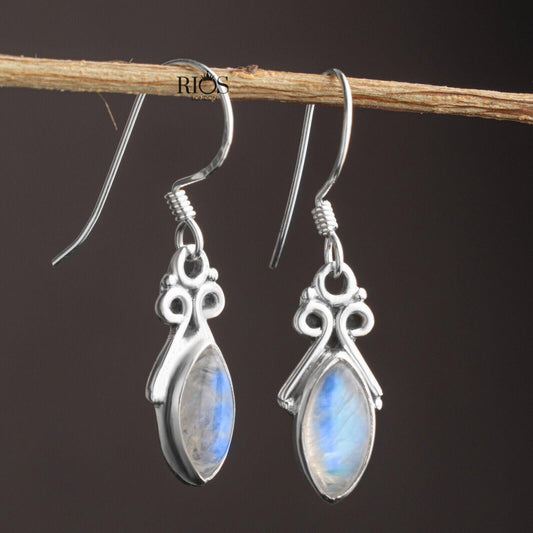 925 Sterling Silver Natural Marquise Moonstone Dangle Drop Earrings Gift Boxed