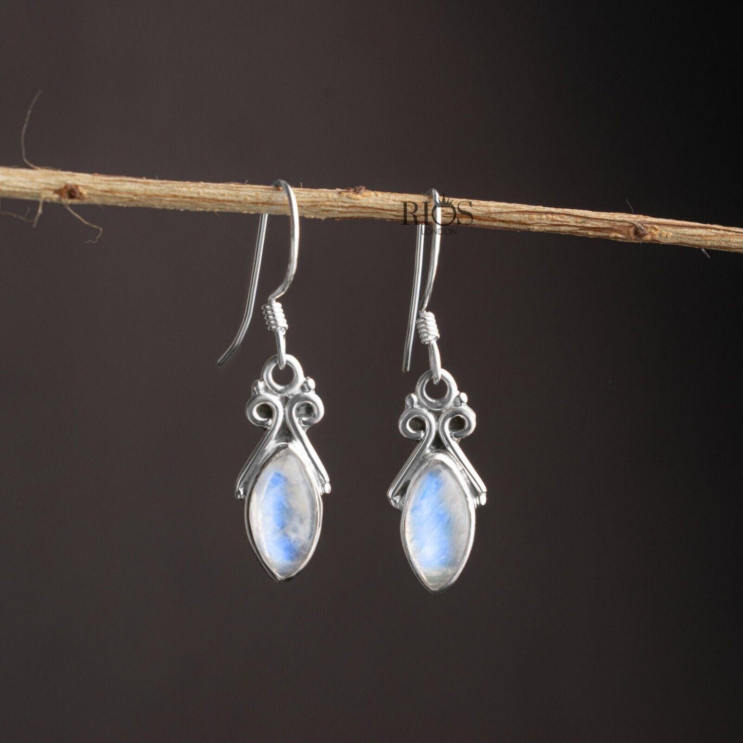 925 Sterling Silver Natural Marquise Moonstone Dangle Drop Earrings Gift Boxed