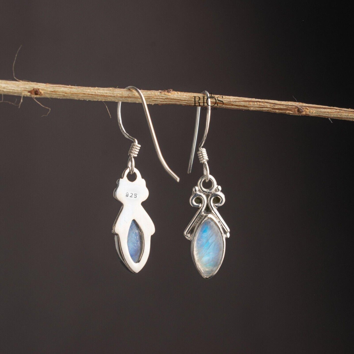925 Sterling Silver Natural Marquise Moonstone Dangle Drop Earrings Gift Boxed