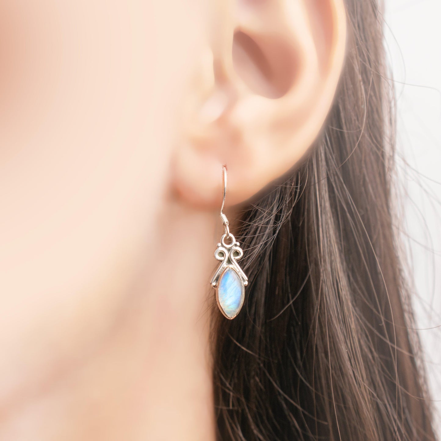 925 Sterling Silver Natural Marquise Moonstone Dangle Drop Earrings Gift Boxed
