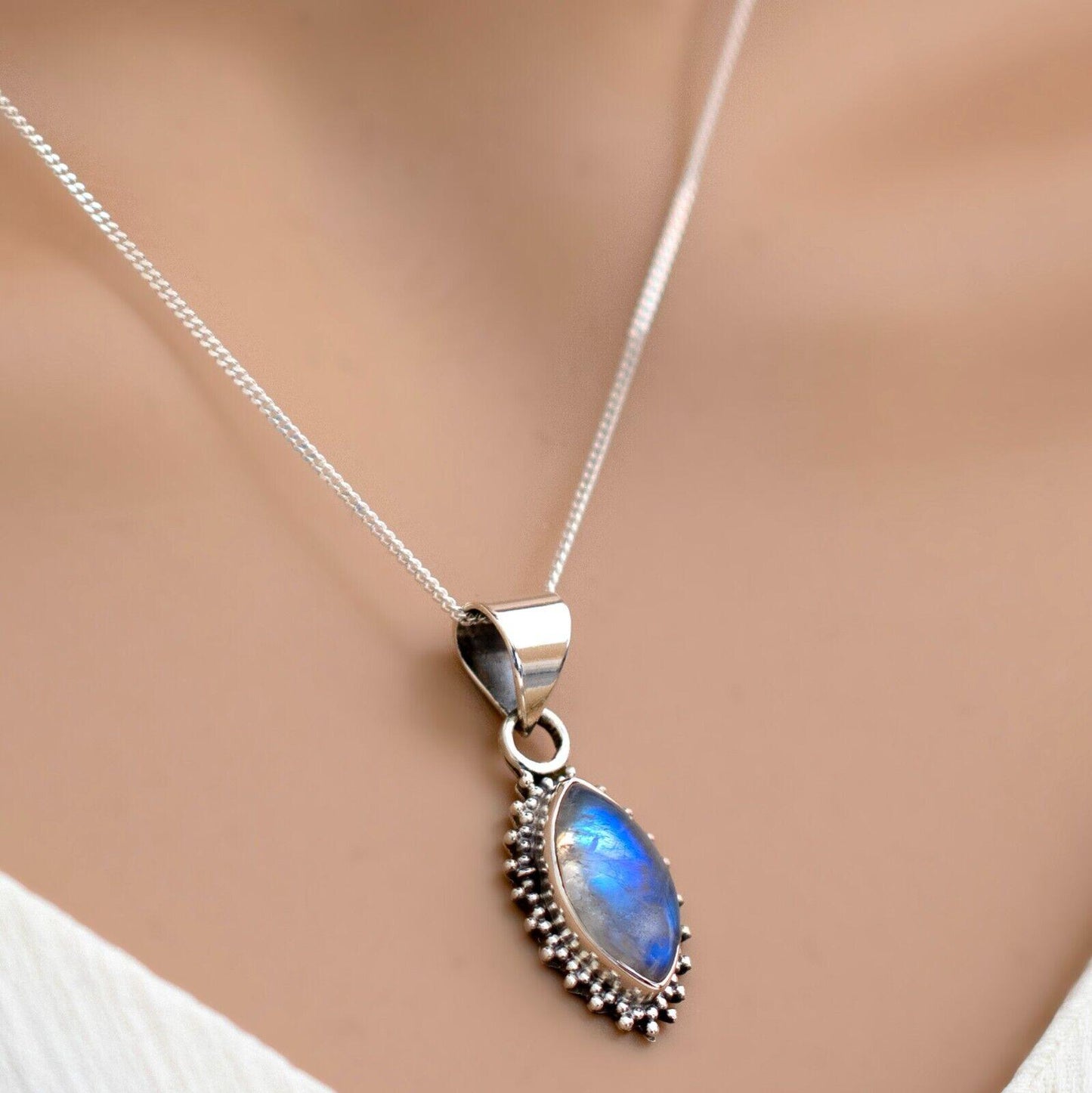 925 Sterling Silver Natural Marquise MOONSTONE Gemstone Necklace Pendant Boxed