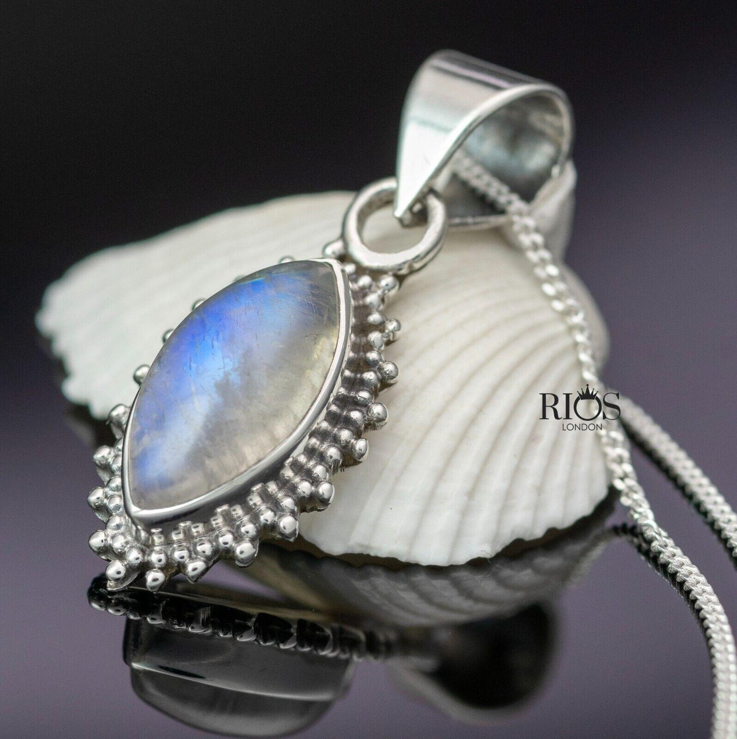 925 Sterling Silver Natural Marquise MOONSTONE Gemstone Necklace Pendant Boxed