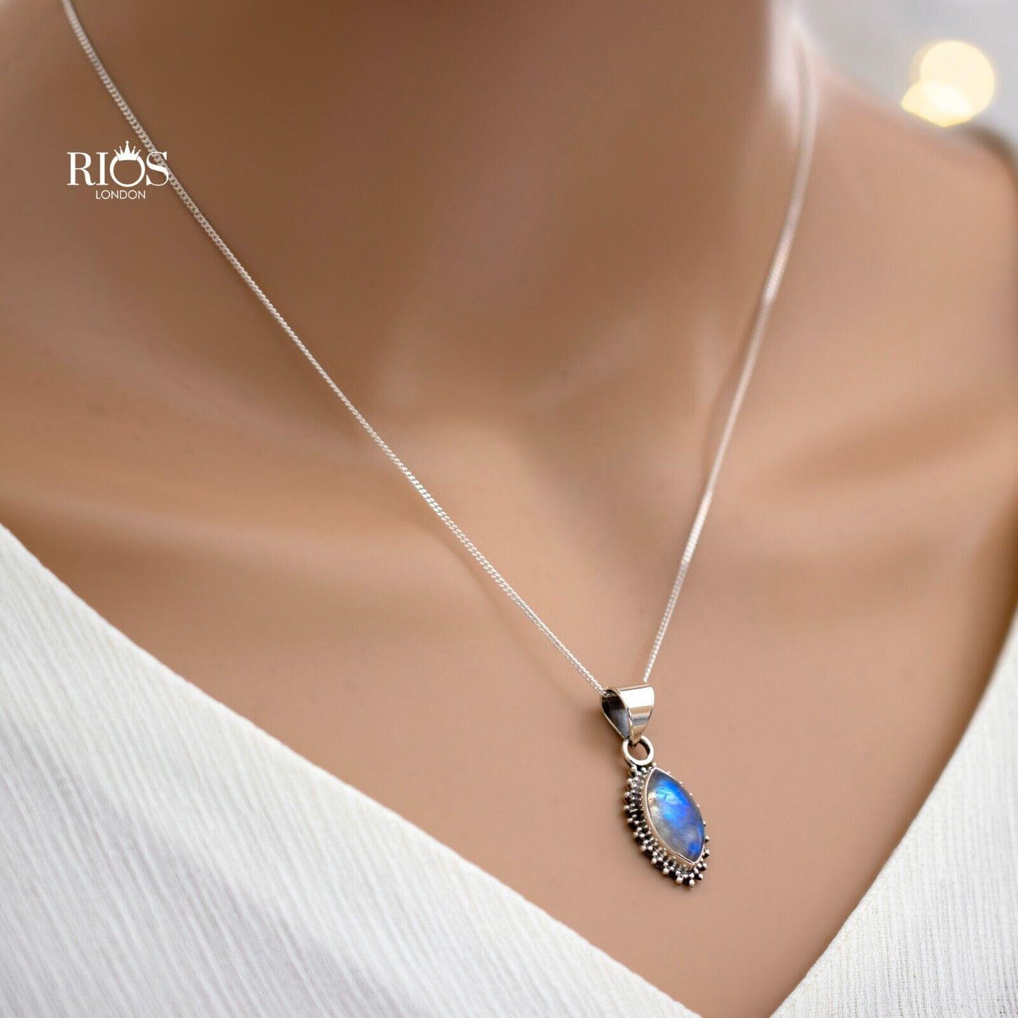 925 Sterling Silver Natural Marquise MOONSTONE Gemstone Necklace Pendant Boxed