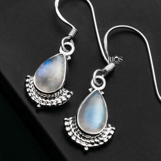 925 Sterling Silver Natural Moonstone Dangle Earrings Ear Drop Studs Gift Box