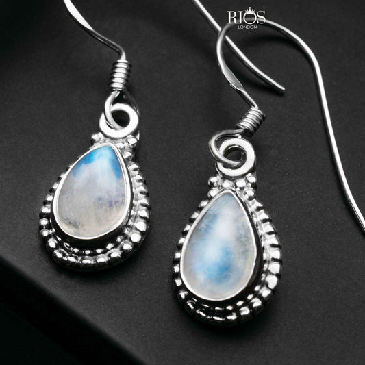 925 Sterling Silver Natural Moonstone Dangle Earrings Ear Drop Studs Gift Box