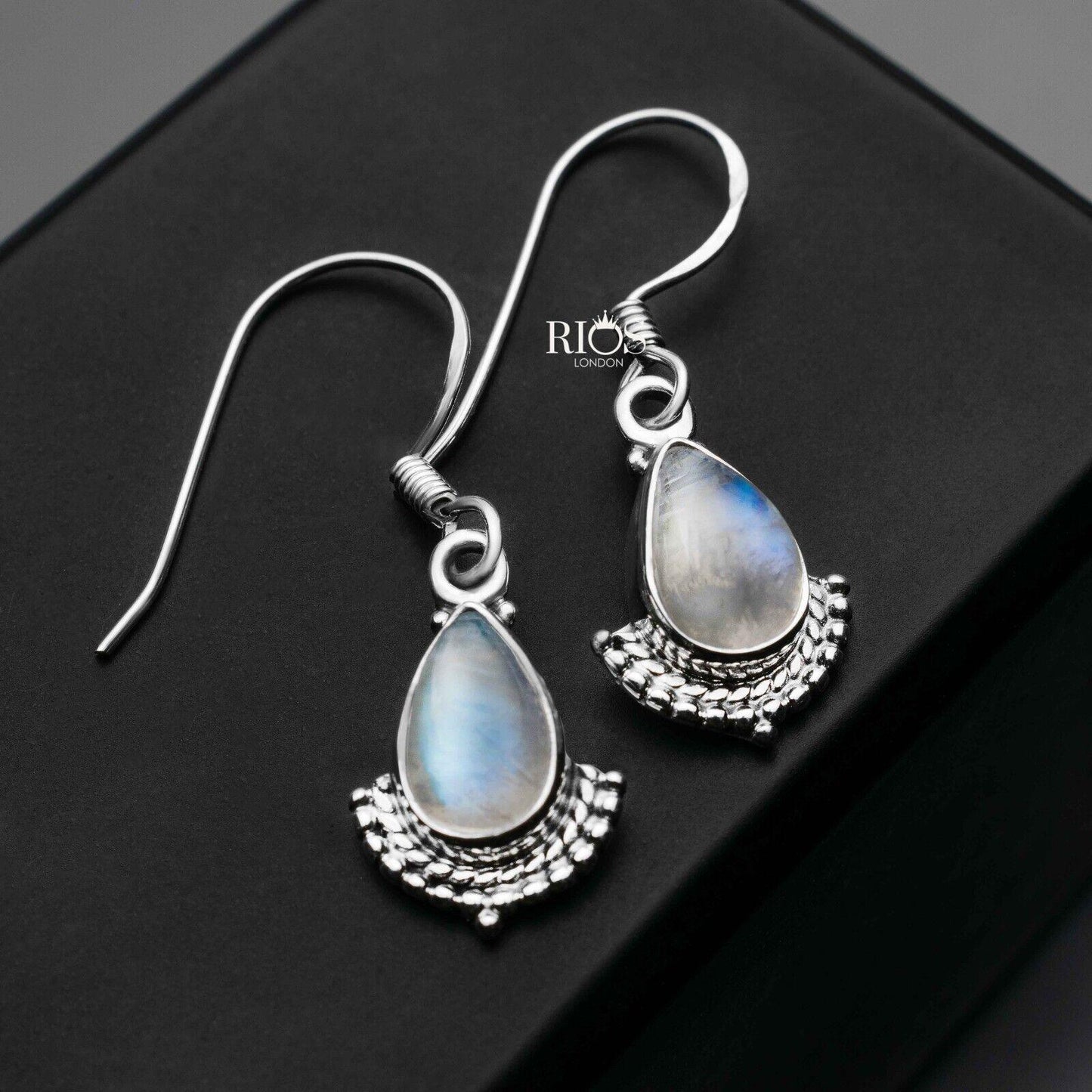 925 Sterling Silver Natural Moonstone Dangle Earrings Ear Drop Studs Gift Box