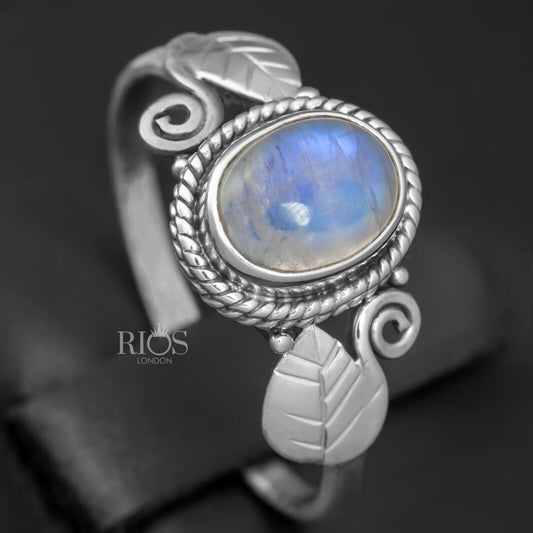 925 Sterling Silver Natural Moonstone Oval Gemstone Ring Gift Boxed